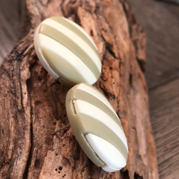 Round Striped Olive & Ivory Button Earrings - Picture 9 of 9